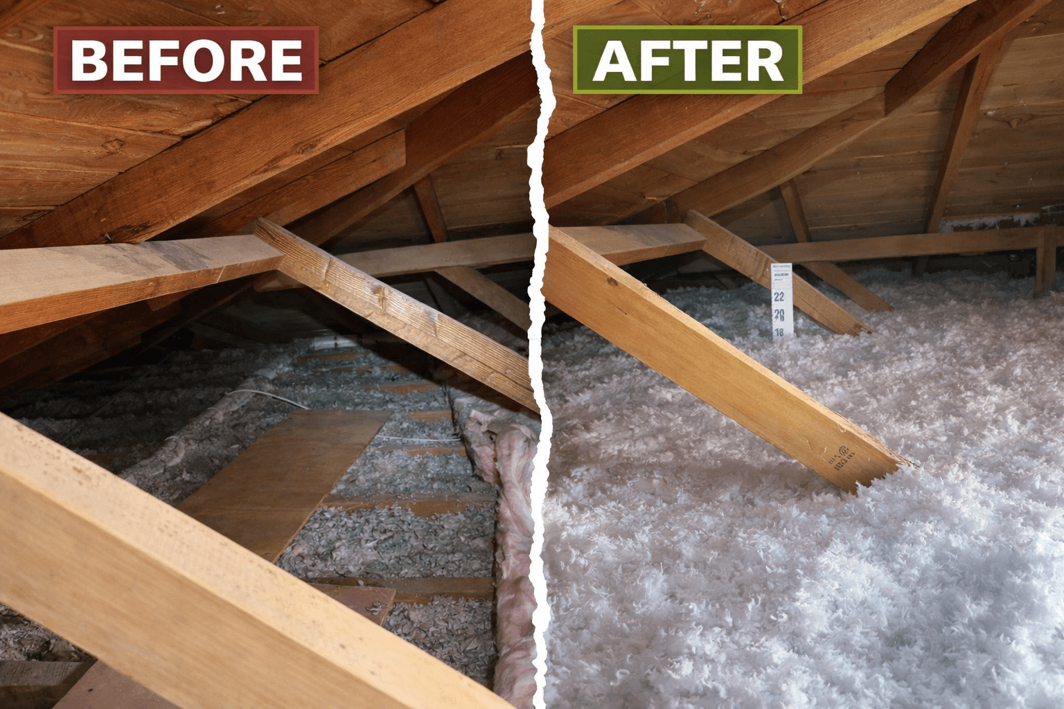 Before and after attic insulation in a Tucson home