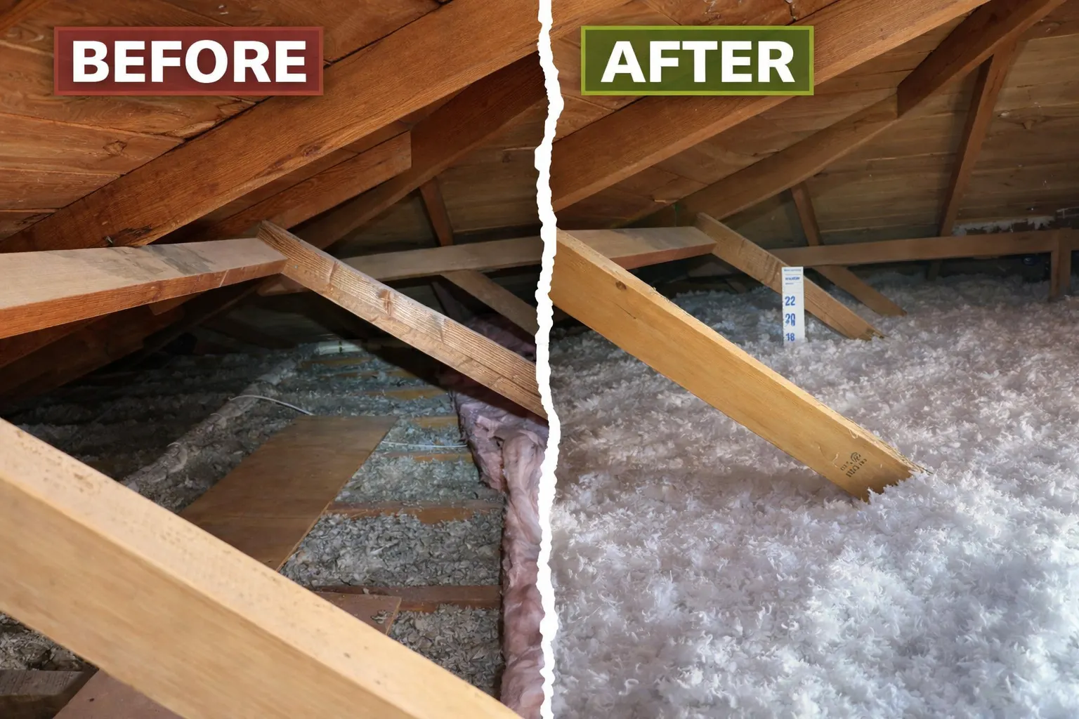 Before and after attic insulation in a Tucson home